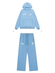 6PM Sky‑Blue Embroidered Hoodie And Wide‑Leg Sweatpants Two‑Piece Street‑Wear Set