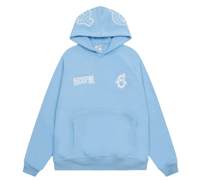 6PM Sky‑Blue Graphic Embroidered Pullover Hoodie Street‑Wear Sweatshirt