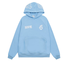 6PM Sky‑Blue Graphic Embroidered Pullover Hoodie Street‑Wear Sweatshirt