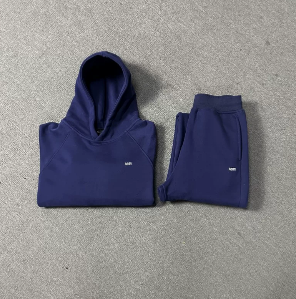 6PM Navy‑Blue Minimal‑Logo Cropped Hoodie & Wide‑Leg Sweatpants Two‑Piece Street‑Wear Set