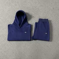6PM Navy‑Blue Minimal‑Logo Cropped Hoodie & Wide‑Leg Sweatpants Two‑Piece Street‑Wear Set